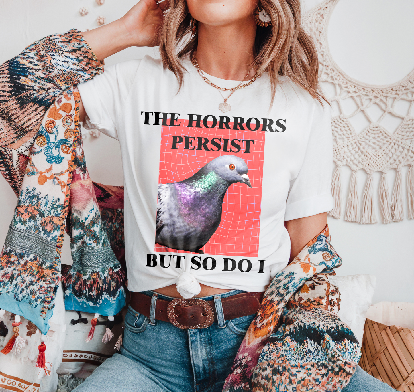 Pigeon Shirt-The Horrors Persist But So Do I Vintage Pigeon Shirt- Funny Unhinged Feral Pigeon Meme Shirt, Shirts That Go Hard