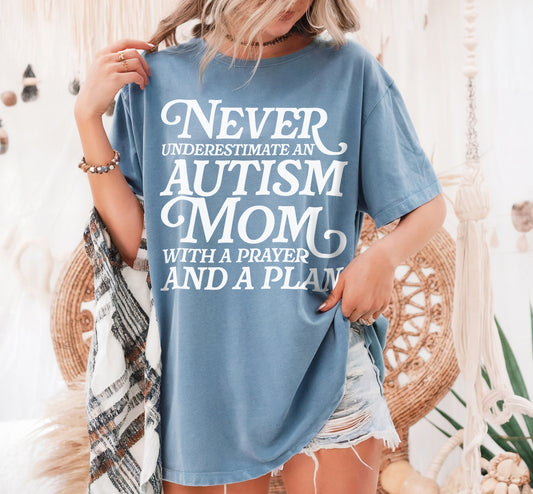 Autism Mom Shirt, Never Underestimate an Autism Mom with a Prayer and a Plan T Shirt, Comfort Colors Autism Awareness Mama Shirts