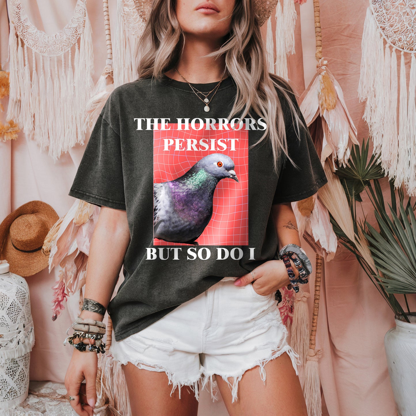 Pigeon Shirt-The Horrors Persist But So Do I Vintage Pigeon Shirt- Funny Unhinged Feral Pigeon Meme Shirt, Shirts That Go Hard