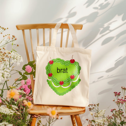 Brat Tote Bag Charli XCX - Heart Shaped Cake Green Brat Art Bag- Brat Aesthetic Bag y2k Brat Summer Meme Cute Everyday Bag - Big Beach Canvas  Cotton Tote Bag