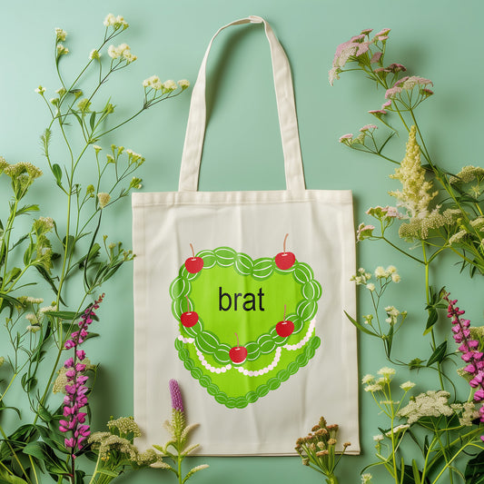 Brat Tote Bag Charli XCX - Heart Shaped Cake Green Brat Art Bag- Brat Aesthetic Bag y2k Brat Summer Meme Cute Everyday Bag - Big Beach Canvas  Cotton Tote Bag